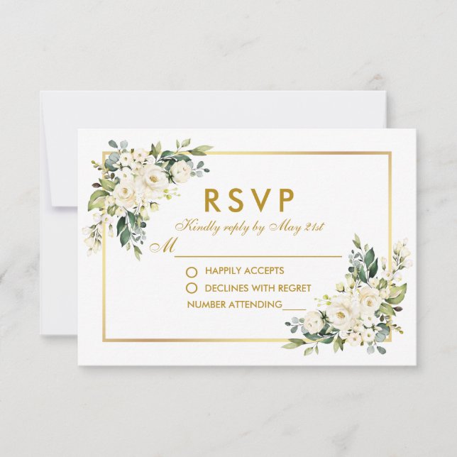 Weiße Blumengrün Hochzeit Gold RSVP Karte (Vorderseite)