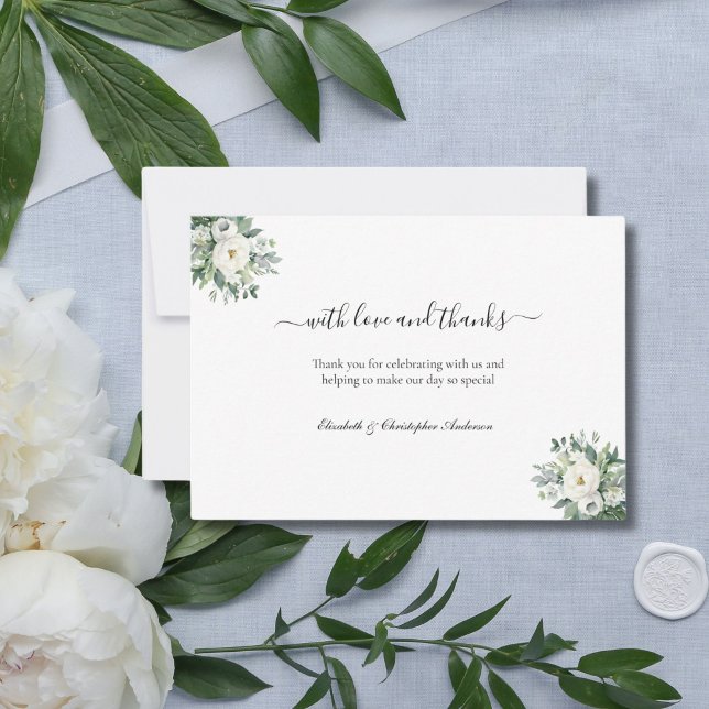 Weiße Blumengrün mit Liebe und Dank Hochzeit Dankeskarte (White Watercolor Florals and Greenery Wedding Thank you card. Elegant and Formal)