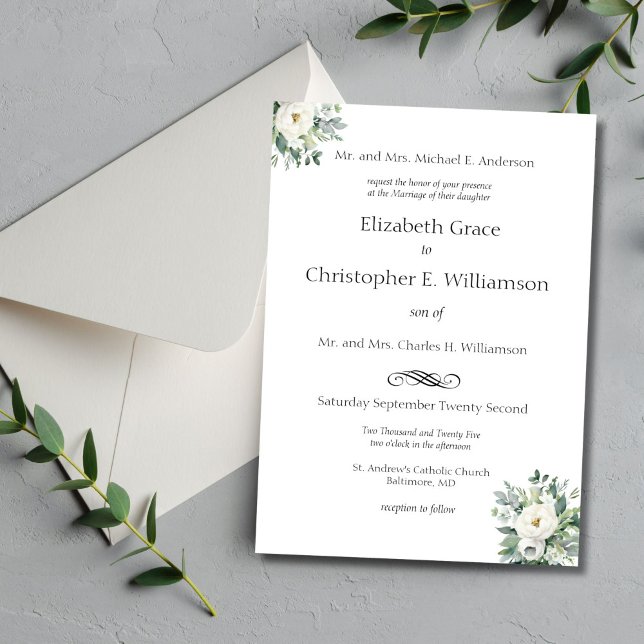 Weiße Blumengrün Traditionelle feierliche Hochzeit Einladung (White Floral Greenery Wedding Invitation Elegant Traditional Formal Classic Grooms parents names)