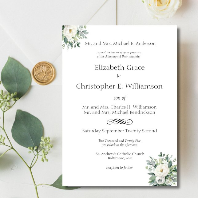 Weiße Blumengrün Traditionelle feierliche Hochzeit Einladung (White Floral Traditional Classic Elegant, Both Parents names, Wedding Invitation)