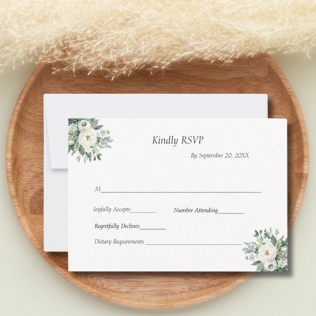 Weiße Blumengrün Traditionelle feierliche Hochzeit RSVP Karte (White Watercolor Floral Greenery Wedding RSVP card Elegant Traditional Formal Classic)