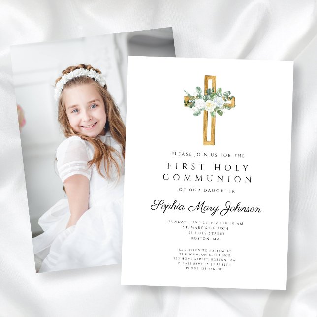 Weiße Blumenkreuz-Girl Erste Kommune Foto Einladung (White Floral Cross Girl First Communion Photo Invitation)