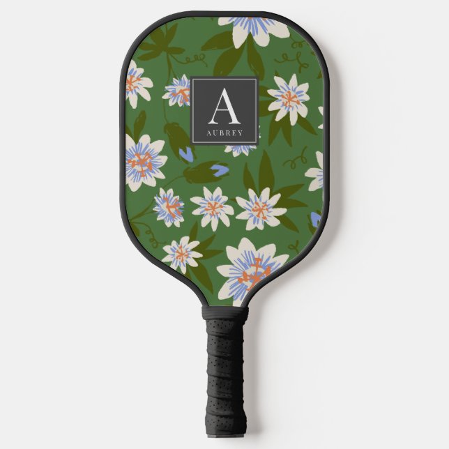 Weiße Blumenmuster Grün Pickleball Schläger (Vorderseite)