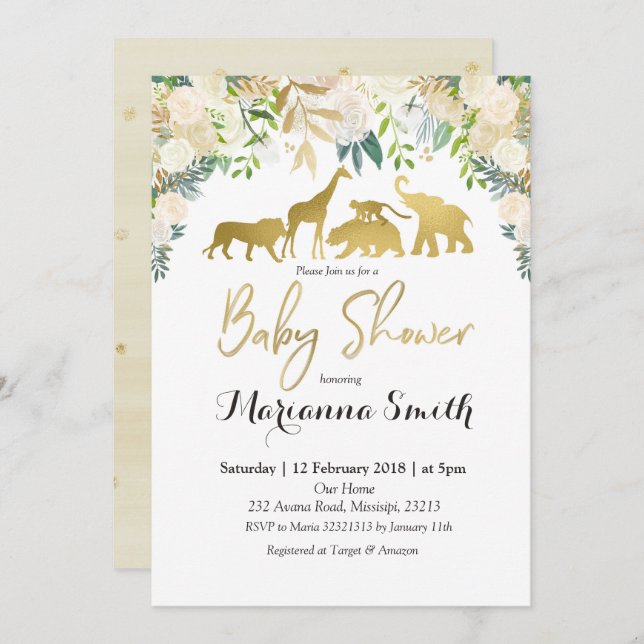 Weiße Blumensafari-TierBabyparty-Einladung Einladung (Vorne/Hinten)
