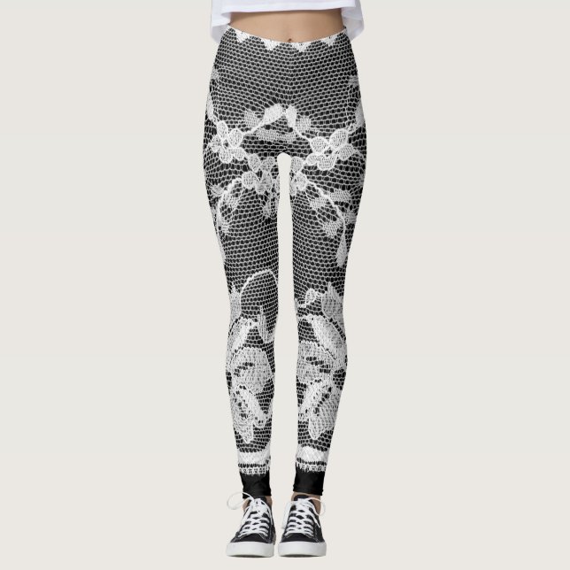 Weiße Blumenspitze: schwarzer Hintergrund. Leggings (Vorderseite)