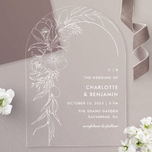 Weiße Blumenstrauß-Bogen-Hochzeit Acryleinladungen