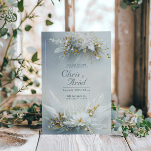 Weiße Blumige Feder Gold Rahmen Elegante Hochzeit Einladung