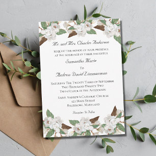 Weiße Blumige Magnolien Formelle Elegante Hochzeit Einladung
