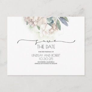Weiße Blumige Sanfte Vintage Save-the-Date-Karten Ankündigungspostkarte