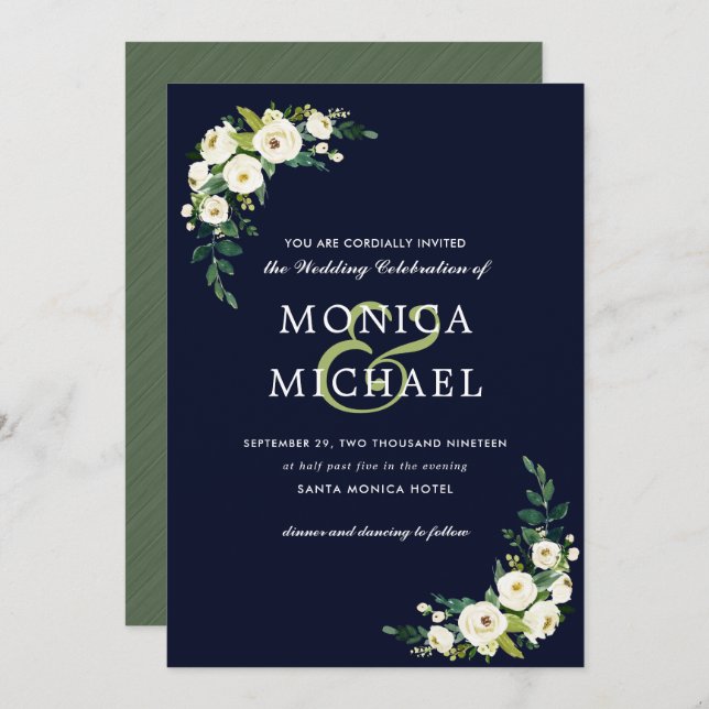 Weiße Blüte | Blue Floral Botanical Corner Wedding Einladung (Vorne/Hinten)