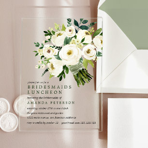 Weiße Blüte Bouquet Bridesmaids Luncheon Acryleinladungen