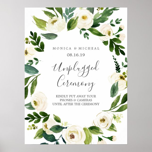 Weiße Blüte | Unplugged Wedding Ceremony Sign Poster (Vorne)