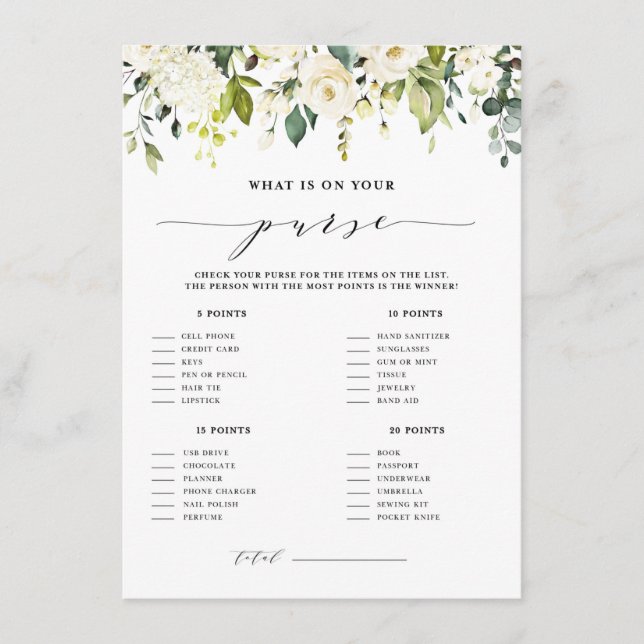 Weiße Blüte Was ist in deinem Purse Duwer Game? Begleitkarte (Vorderseite)