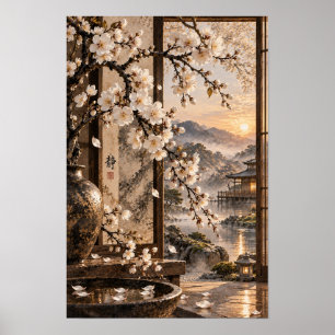 Weiße Blüten-Japanischer-Garten-Sonnenuntergang-Wa Poster