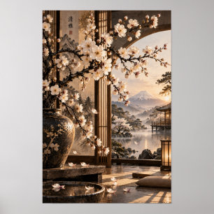 Weiße Blüten-Teestube-Mount-Fuji-Wandkunst Poster