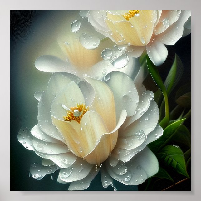 Weiße Blüten und Wassertropfen Poster (Vorne)