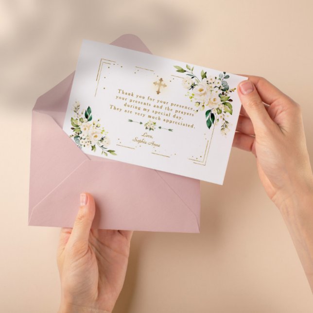 Weiße Blütengoldwand-Glitzer-Cross-Girl-Taufe Dankeskarte (thank you white floral invitation baptism)