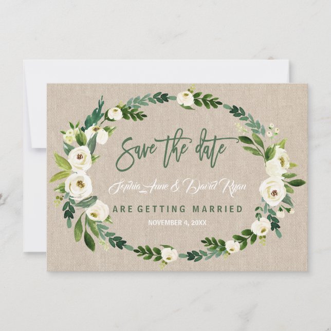 Weiße Blütenhandschrift Save the Date (Vorderseite)
