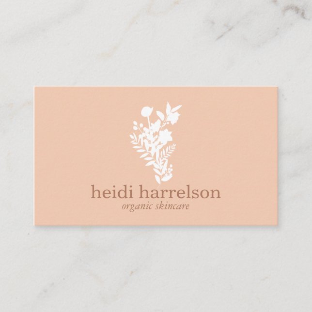 Weiße Blütenlogos auf Pfirsichpfirsichpfirsichfarb Visitenkarte (Vorderseite)