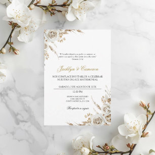 Weiße Boho-Blumen-Hochzeit auf Spanisch Einladung