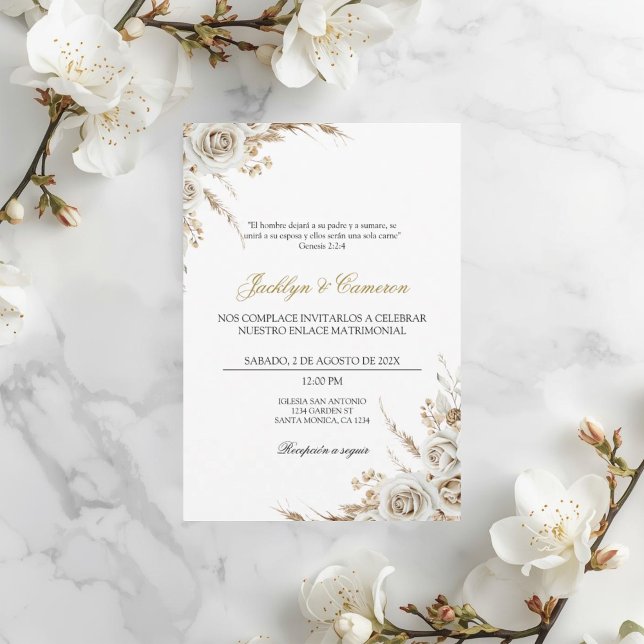 Weiße Boho-Blumen-Hochzeit auf Spanisch Einladung (Von Creator hochgeladen)