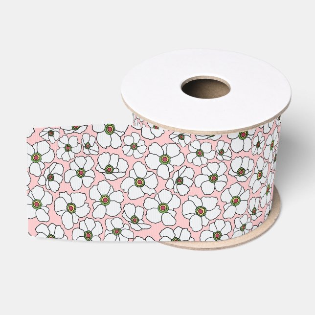 Weiße Boho-Blumenprint auf Rosa Ripsband (Spule)