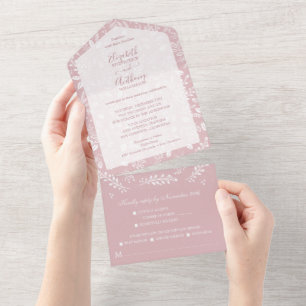 Weiße Botanicals auf Dusty Rose Wedding All In One Einladung