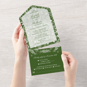 Weiße Botanicals auf grüner Hochzeit All In One Einladung