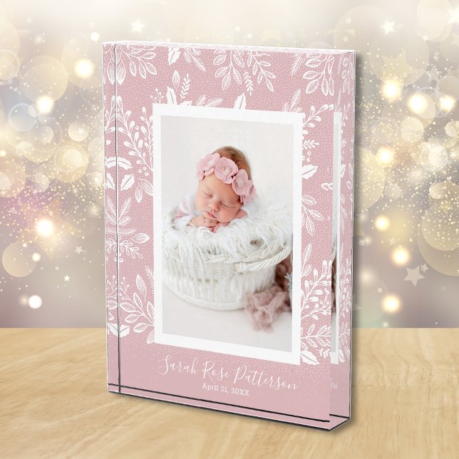 Weiße Botanicals auf rosa Fotoblock (White leaves and dots on baby pink personalized acrylic photo block)