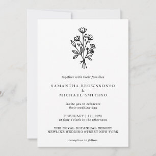 Weiße Botanik mit schwarzer Schrift Blumenstrauß Einladung