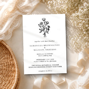 Weiße Botanik mit schwarzer Schrift Blumenstrauß Einladung