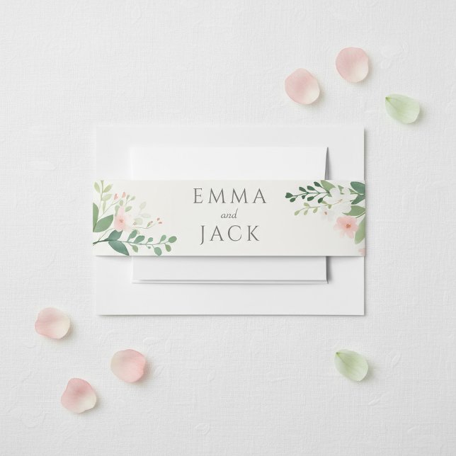 Weiße botanische Aquarellfarben, Grünpflanzen und  Einladungsbanderole (Blush Botanical Watercolor Greenery and Floral Invitation Belly Band.)
