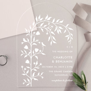 Weiße Botanische Vogelbogen-Hochzeit Acryleinladungen