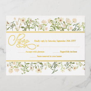 Weiße botanische Wildblumen RSVP Echtgold Folie Einladungspostkarte