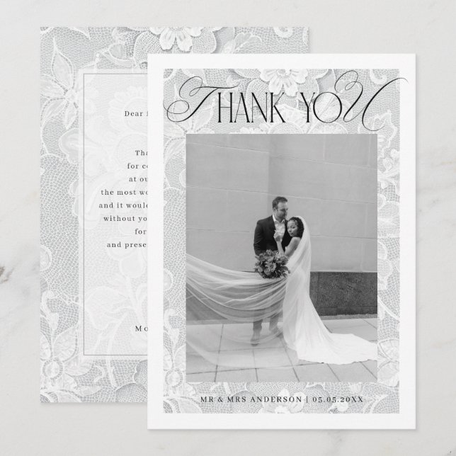 Weiße Brautkleid-Hochzeit im Vintage-Look Dankeskarte (Vorne/Hinten)