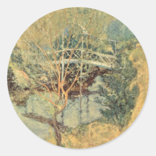 Weiße Brücke von Twachtman, Vintage-Impressionismu Runder Aufkleber