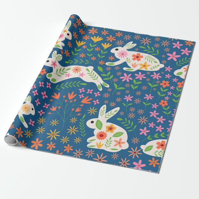 Weiße Bunne mit farbenfrohen Blume Geschenkpapier (Ungerollt)