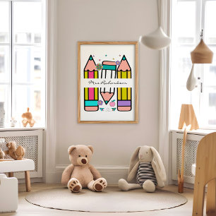 Weiße Bunte Lehrer Cartoon Bleistift Poster