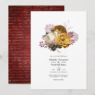 Weiße, burgunderrote und goldene Blumenhochzeit Einladung