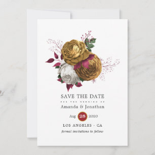 Weiße, burgunderrote und goldene florale Hochzeit Save The Date