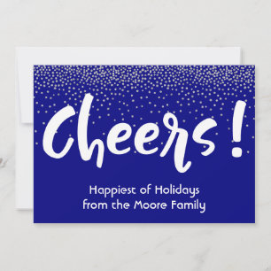 Weiße Cheers-Typografie mit navyblauer und silbern Feiertagskarte
