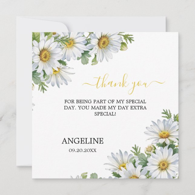 Weiße Chic-Daisy-Blumen-Geburtstagsgrün Dankeskarte (Vorderseite)