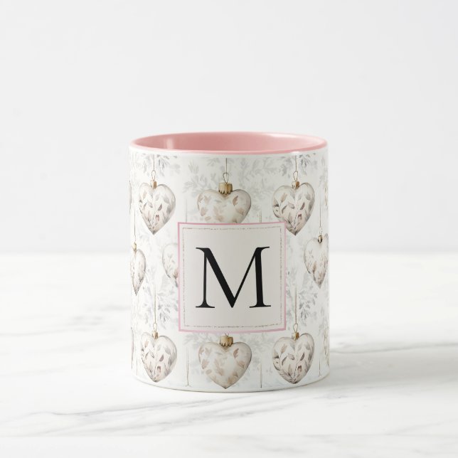 Weiße Chic-Pink-Herz-Ornamente Monogramm Tasse (Zentrum)