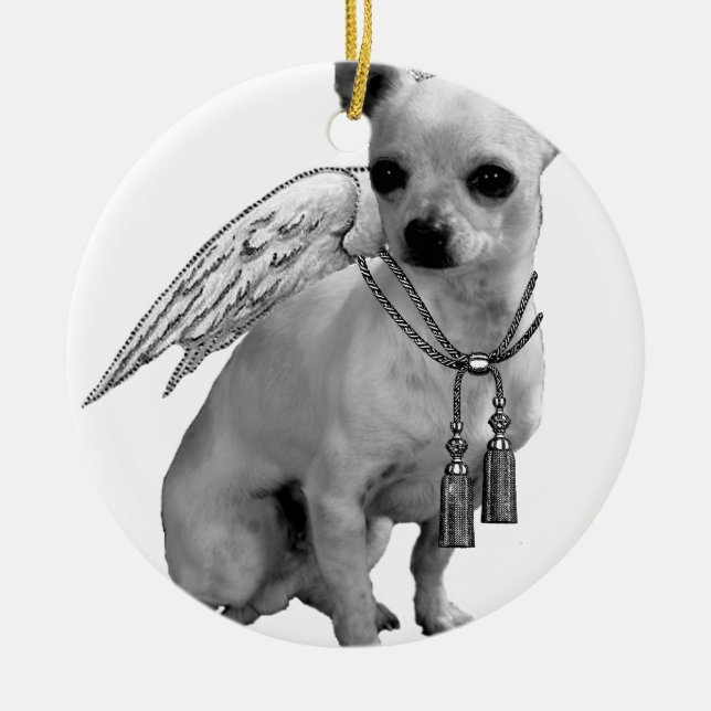 Weiße Chihuahua-Engels-Flügel Keramikornament (Vorne)