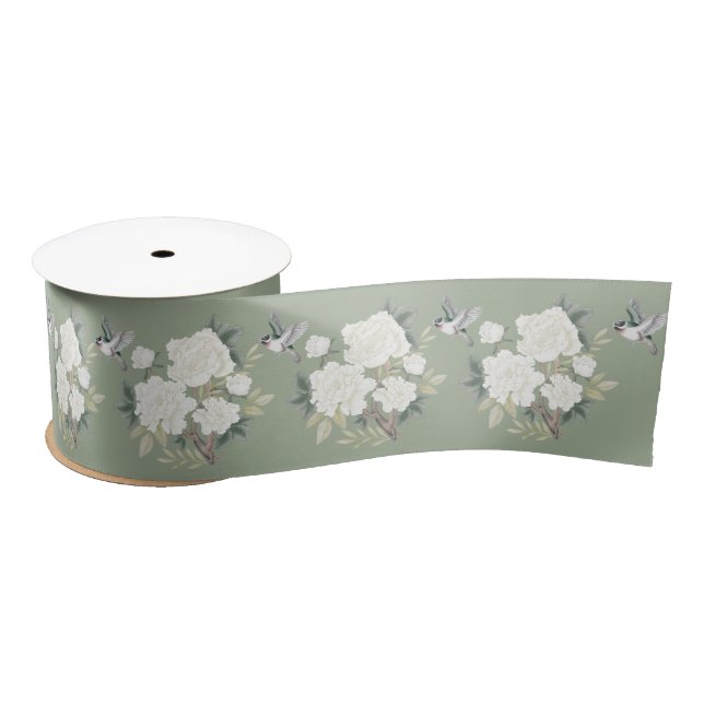 Weiße Chinoiserie Sage Green Satinband (Spule)