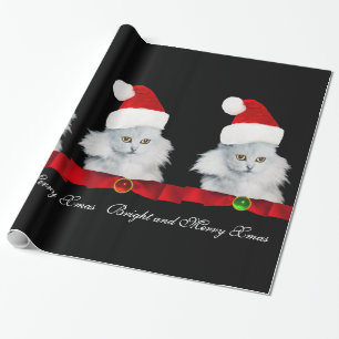 WEISSE CHRISTMAS CAT,SANTA CLAUS HAT UND ROTES RIB GESCHENKPAPIER
