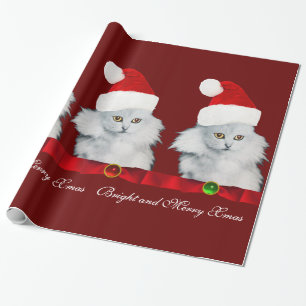 WEISSE CHRISTMAS CAT,SANTA CLAUS HAT UND ROTES RIB GESCHENKPAPIER