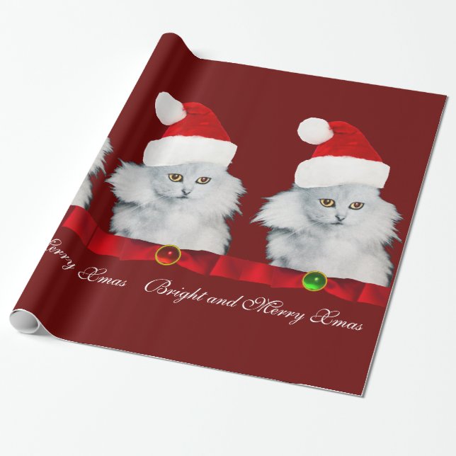 WEISSE CHRISTMAS CAT,SANTA CLAUS HAT UND ROTES RIB GESCHENKPAPIER (Ungerollt)