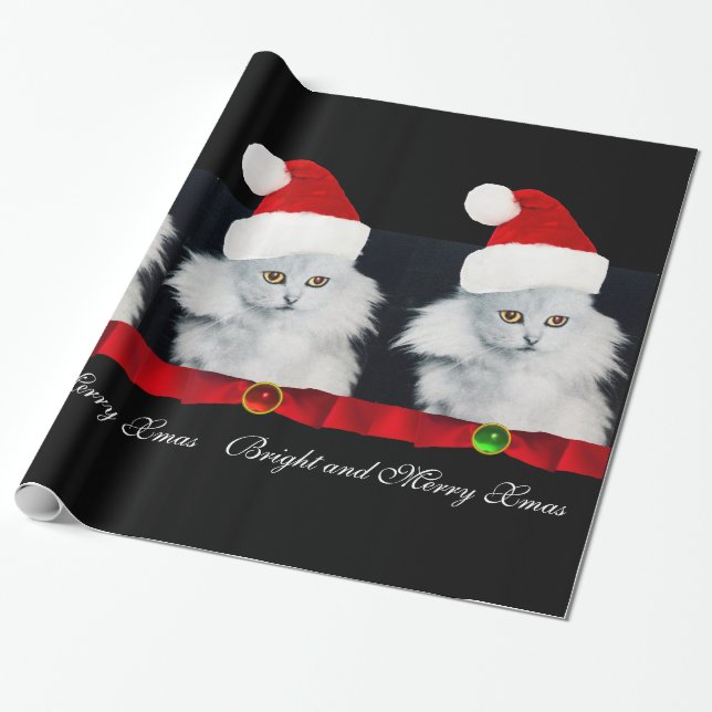 WEISSE CHRISTMAS CAT,SANTA CLAUS HAT UND ROTES RIB GESCHENKPAPIER (Ungerollt)