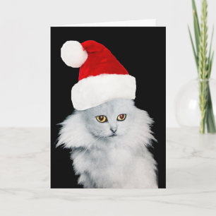 WEISSE CHRISTMAS KATZE MIT SANTA CLAUS HAT FEIERTAGSKARTE